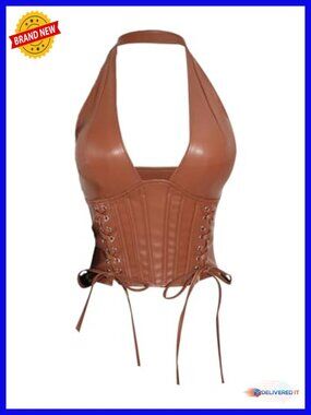 Plus Size PU Leather Halter Crop Top Backless Lace Up Tank